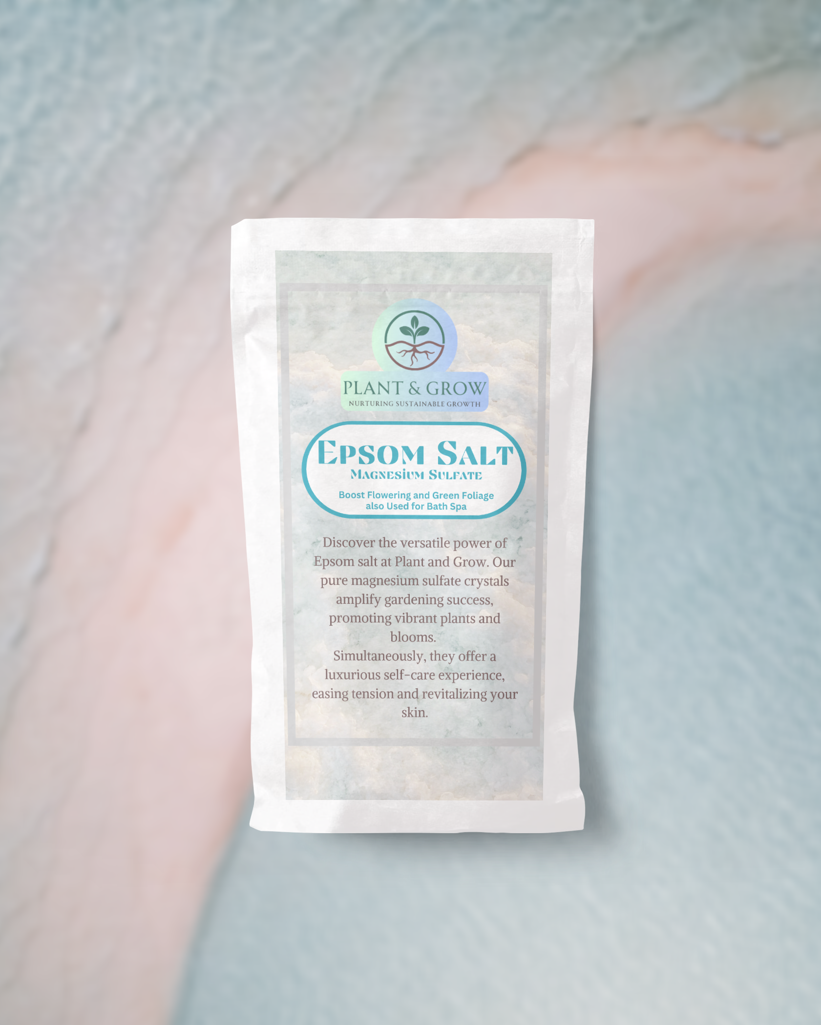Packaging of Plant & Grow Epsom Salt on a blurred background